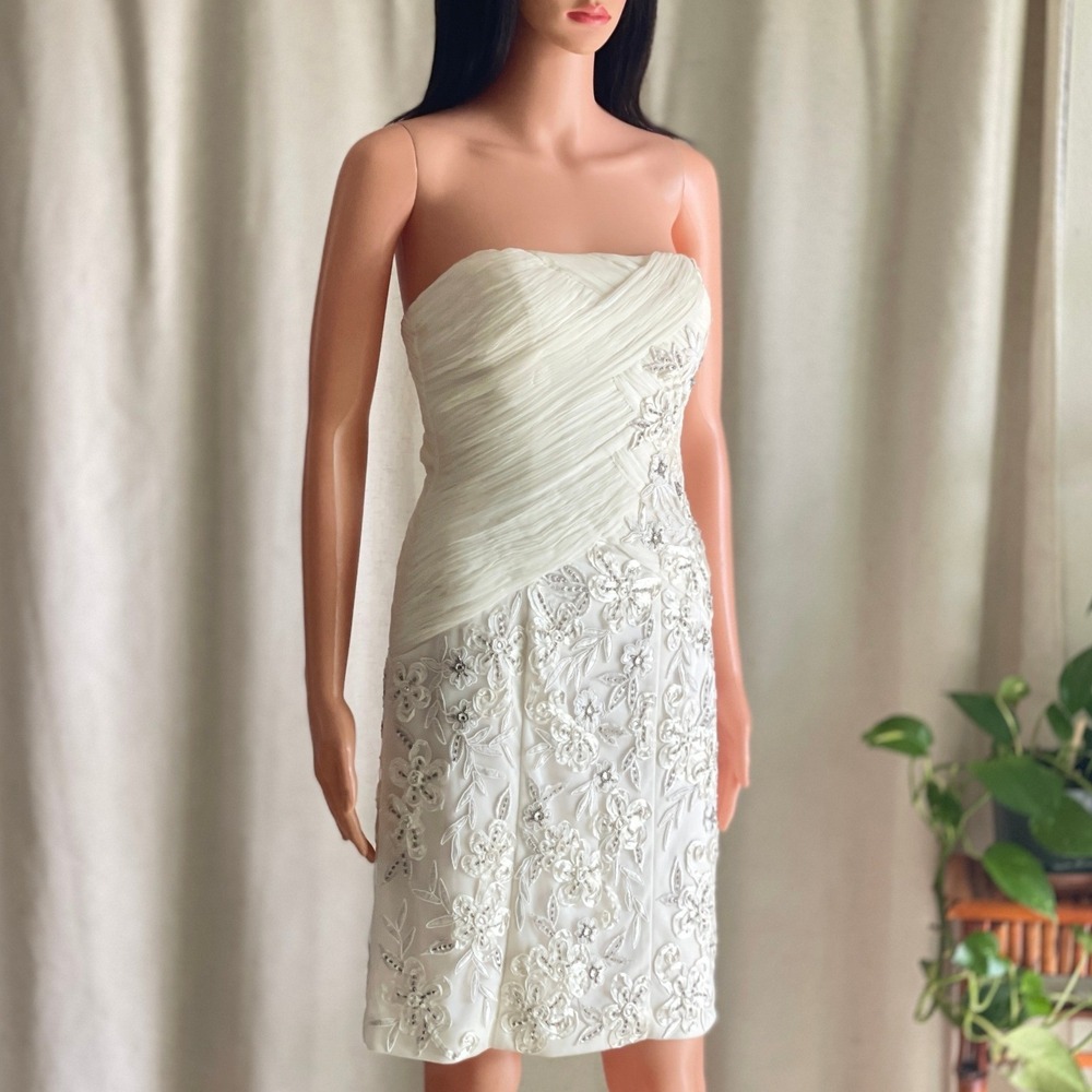 Sue Wong Nocturne Ivory Strapless Embellished Ruched Knee Length Dress Bridal 2